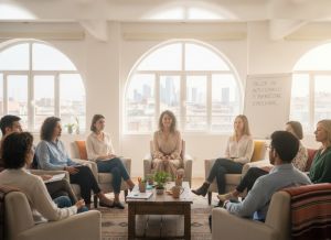 Profesional sanitario con síntomas de burnout en un pasillo de hospital. Ilustra la necesidad de asistir al Taller de Autocuidados en Madrid para gestionar el estrés.
