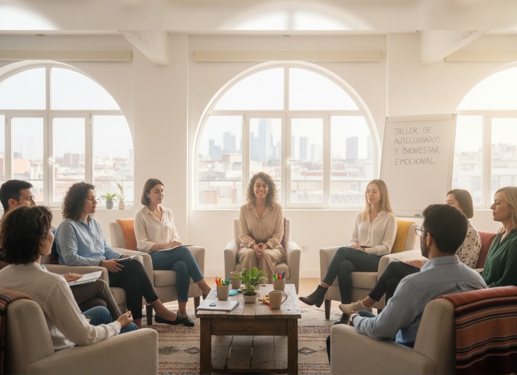 Taller-Autocuidados-Madrid-Profesionales-Burnout Profesional sanitario con síntomas de burnout en un pasillo de hospital. Ilustra la necesidad de asistir al Taller de Autocuidados en Madrid para gestionar el estrés.
