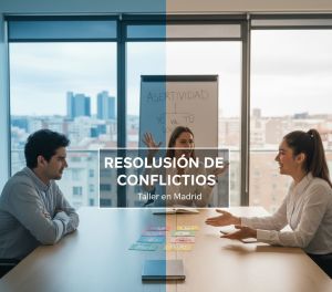 Escena de resolución de conflictos en el ámbito de atención al cliente en Madrid. Una profesional utiliza la comunicación asertiva para mediar entre un cliente y el personal de recepción.