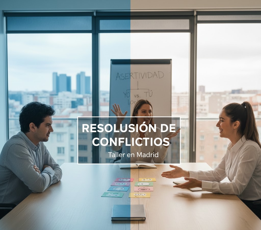 Escena de resolución de conflictos en el ámbito de atención al cliente en Madrid. Una profesional utiliza la comunicación asertiva para mediar entre un cliente y el personal de recepción.